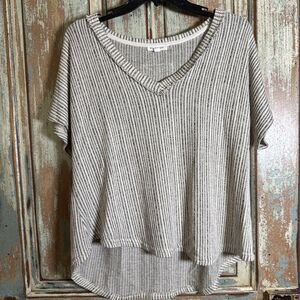 Blu Pepper Large Super Soft Gray And Cream Striped Short Sleeve Knit Top V-Neck